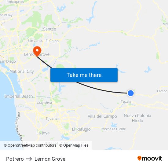 Potrero to Lemon Grove map