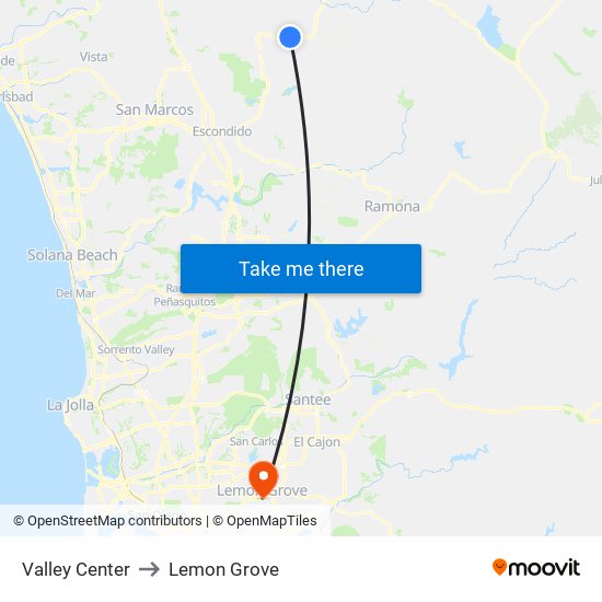 Valley Center to Lemon Grove map