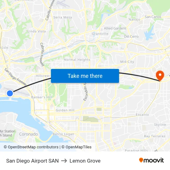 San Diego Airport SAN to Lemon Grove map