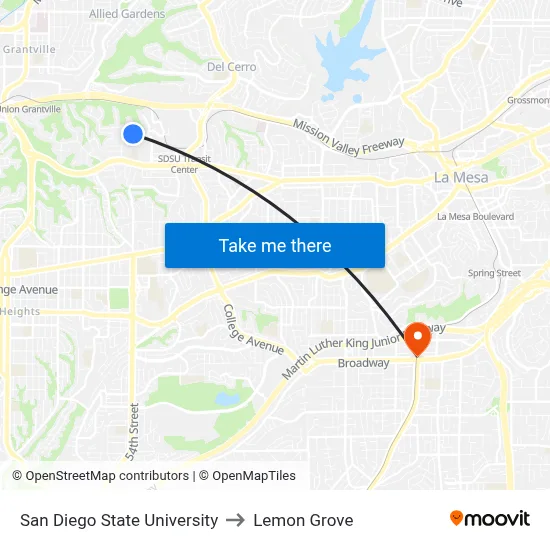 San Diego State University to Lemon Grove map