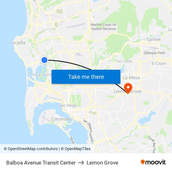 Balboa Avenue Transit Center to Lemon Grove map