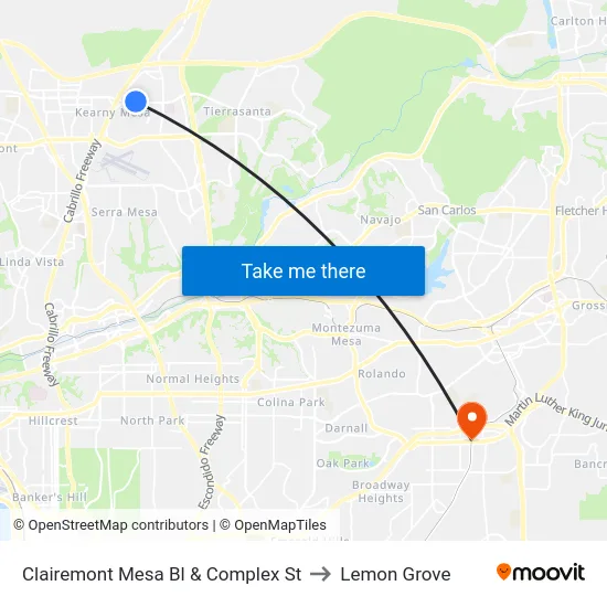 Clairemont Mesa Bl & Complex St to Lemon Grove map
