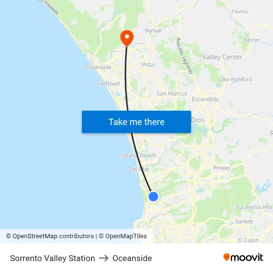 Sorrento Valley Station to Oceanside map
