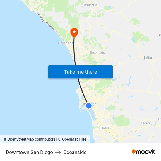 Downtown San Diego to Oceanside map
