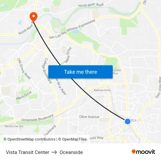 Vista Transit Center to Oceanside map