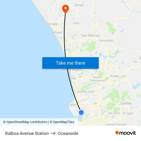 Balboa Avenue Station to Oceanside map