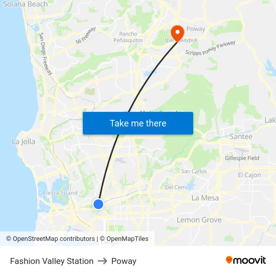 Fashion Valley Station to Poway map