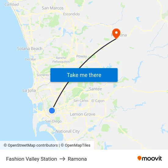 Fashion Valley Station to Ramona map