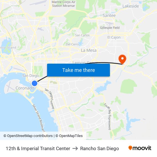 12th & Imperial Transit Center to Rancho San Diego map