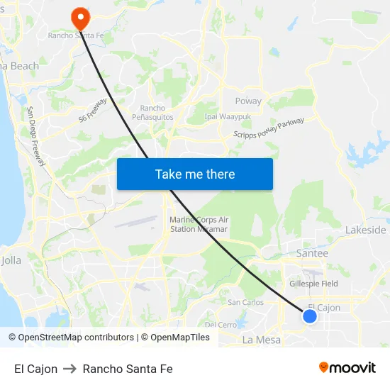 El Cajon to Rancho Santa Fe map