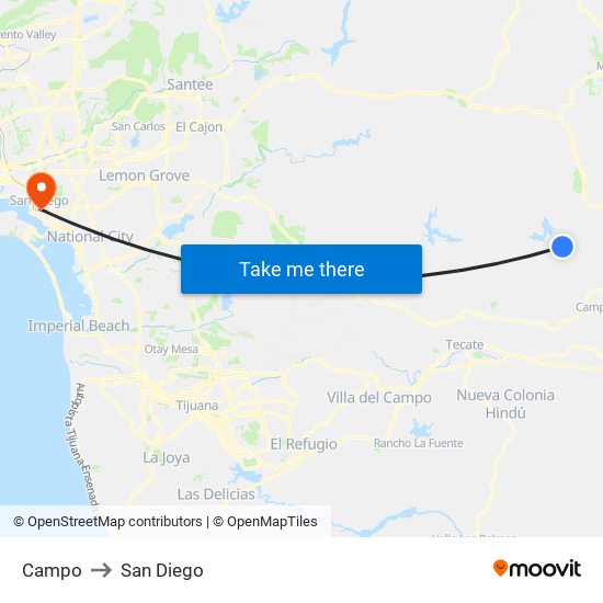 Campo to San Diego map