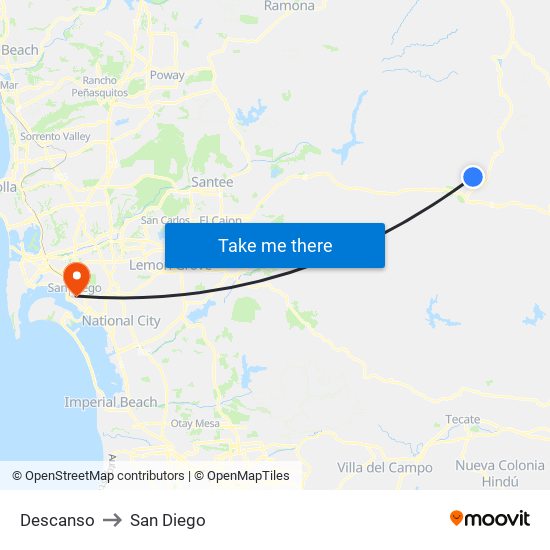 Descanso to San Diego map