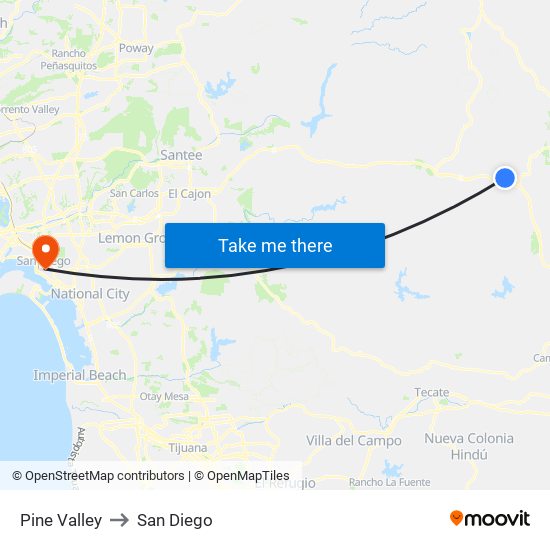 Pine Valley to San Diego map