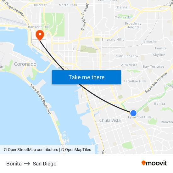 Bonita to San Diego map