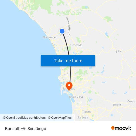 Bonsall to San Diego map