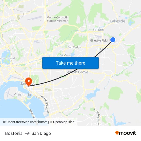 Bostonia to San Diego map