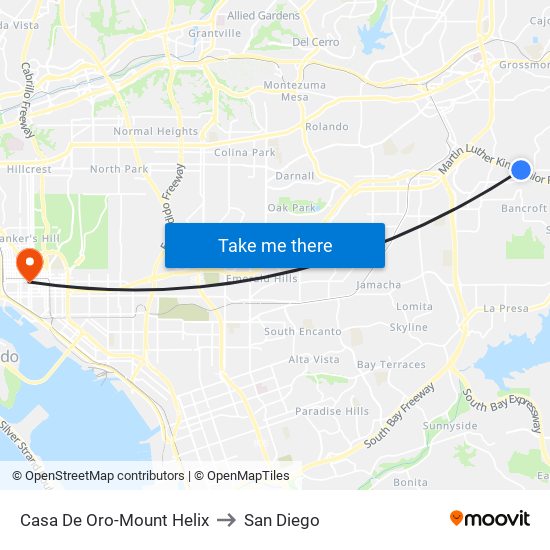 Casa De Oro-Mount Helix to San Diego map