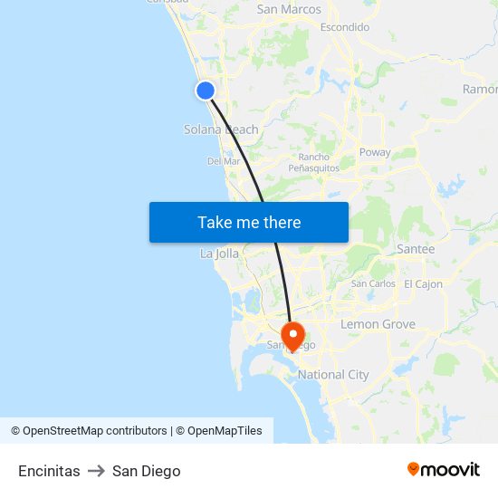 Encinitas to San Diego map