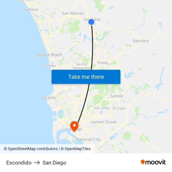 Escondido to San Diego map