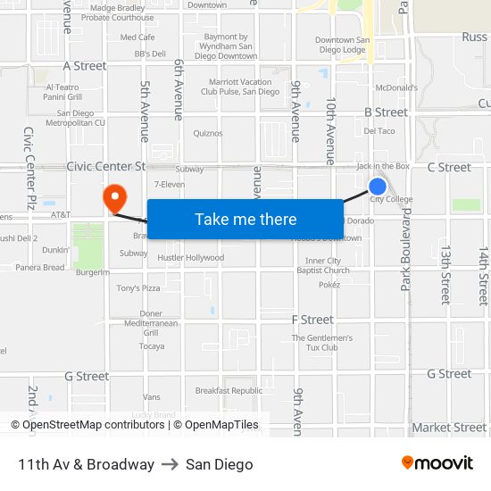 11th Av & Broadway to San Diego map