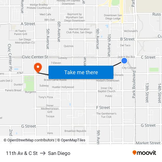 11th Av & C St to San Diego map