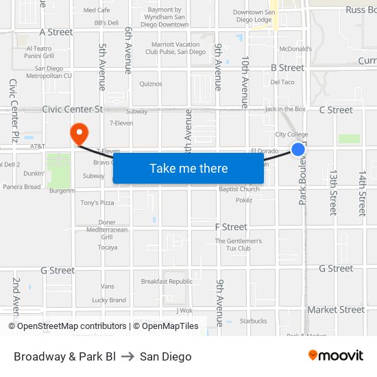 Broadway & Park Bl to San Diego map