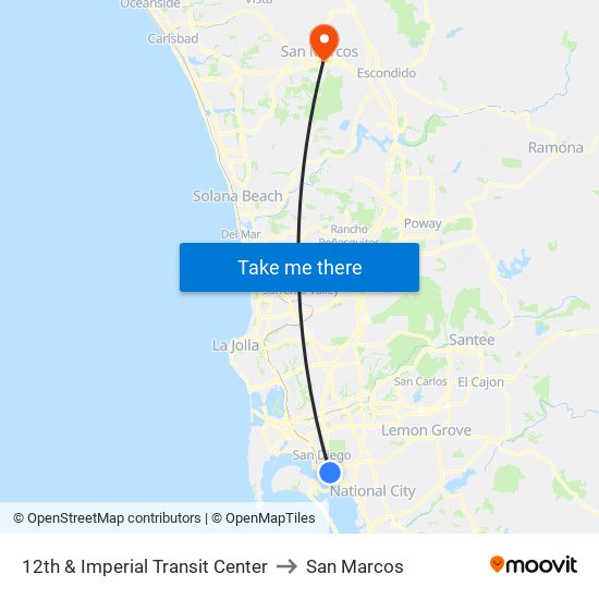 12th & Imperial Transit Center to San Marcos map