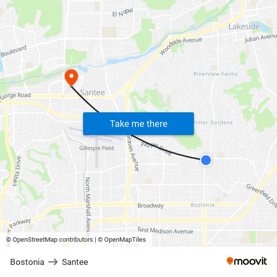 Bostonia to Santee map