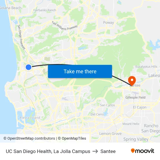 UC San Diego Health, La Jolla Campus to Santee map