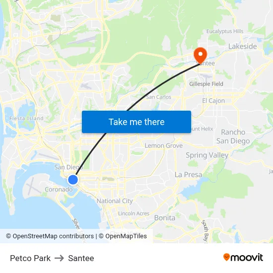 Petco Park to Santee map