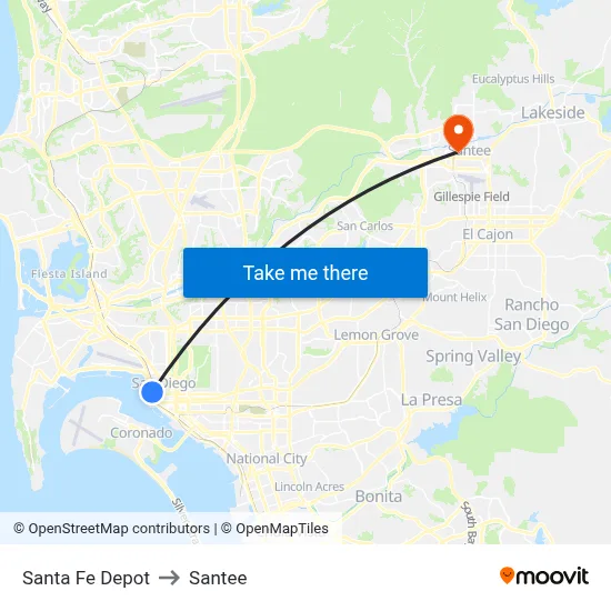 Santa Fe Depot to Santee map