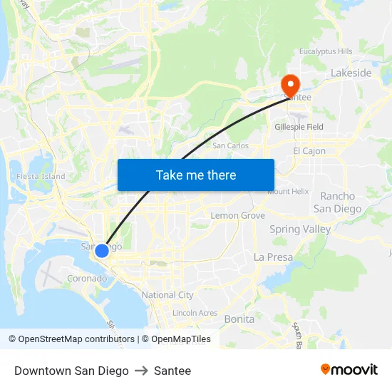 Downtown San Diego to Santee map