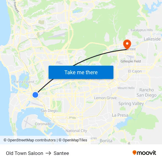 Old Town Saloon to Santee map