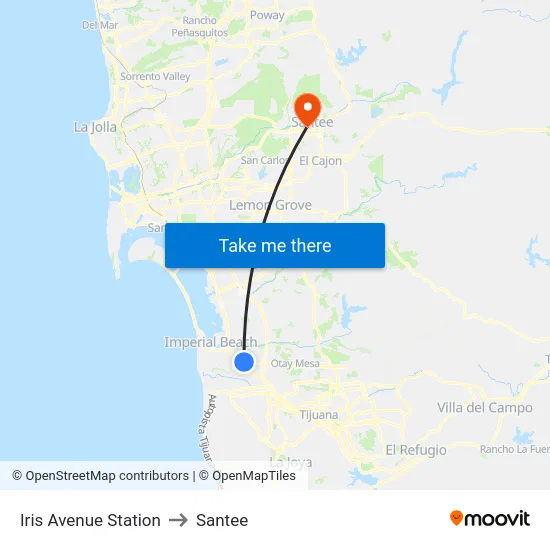Iris Avenue Station to Santee map
