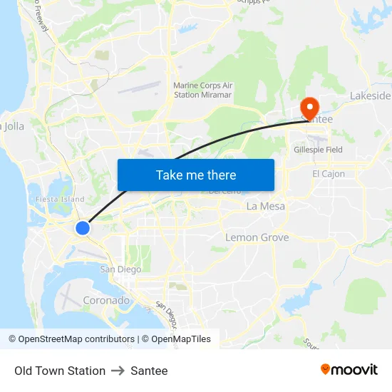 Old Town Station to Santee map