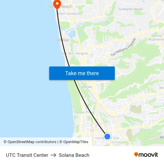 UTC Transit Center to Solana Beach map