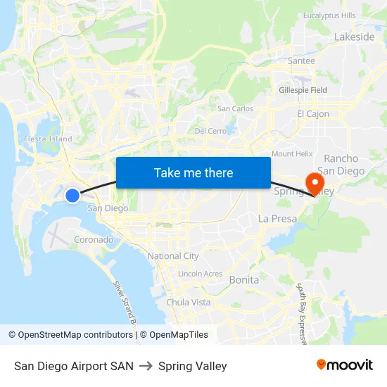San Diego Airport SAN to Spring Valley map