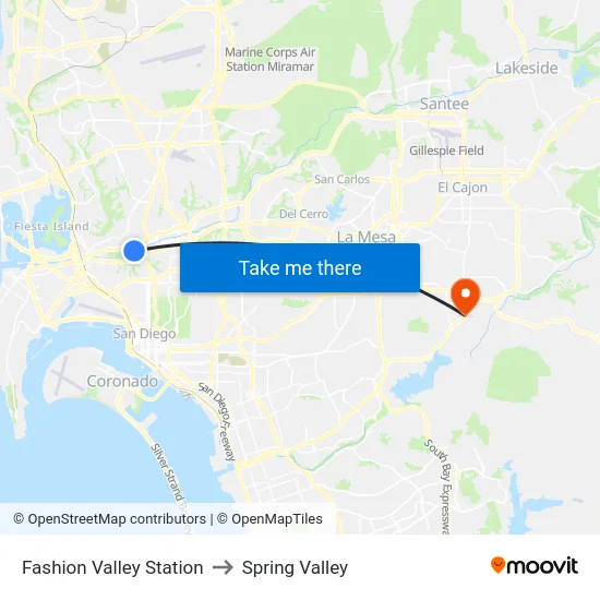 Fashion Valley Station to Spring Valley map