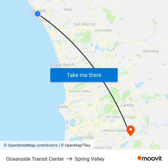 Oceanside Transit Center to Spring Valley map