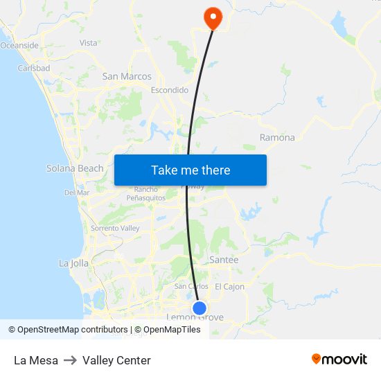 La Mesa to Valley Center map