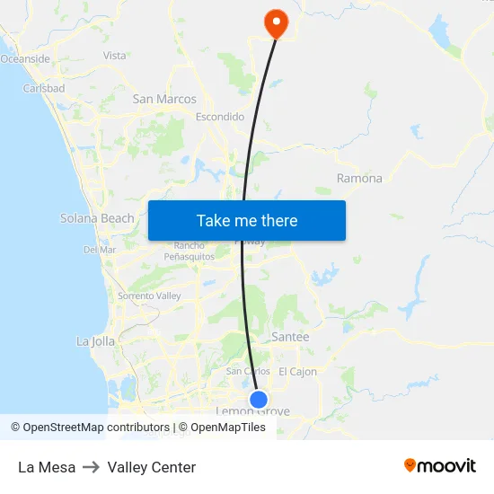 La Mesa to Valley Center map
