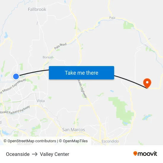 Oceanside to Valley Center map