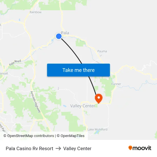 Pala Casino Rv Resort to Valley Center map