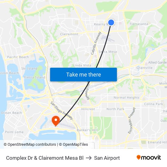 Complex Dr & Clairemont Mesa Bl to San Airport map