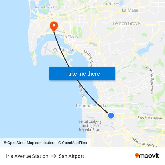 Iris Avenue Station to San Airport map