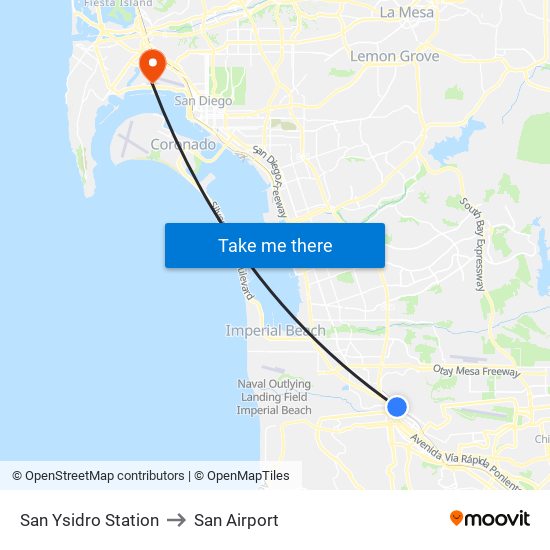 San Ysidro Station to San Airport map