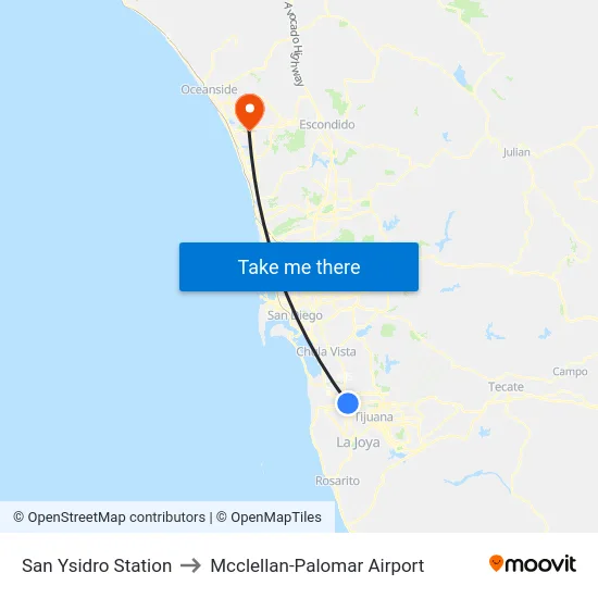 San Ysidro Station to Mcclellan-Palomar Airport map