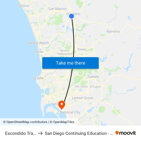 Escondido Transit Center to San Diego Continuing Education - Cesar Chavez Campus map