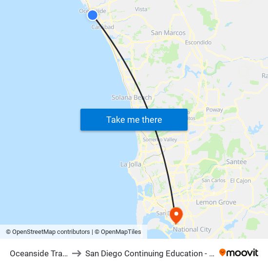 Oceanside Transit Center to San Diego Continuing Education - Cesar Chavez Campus map