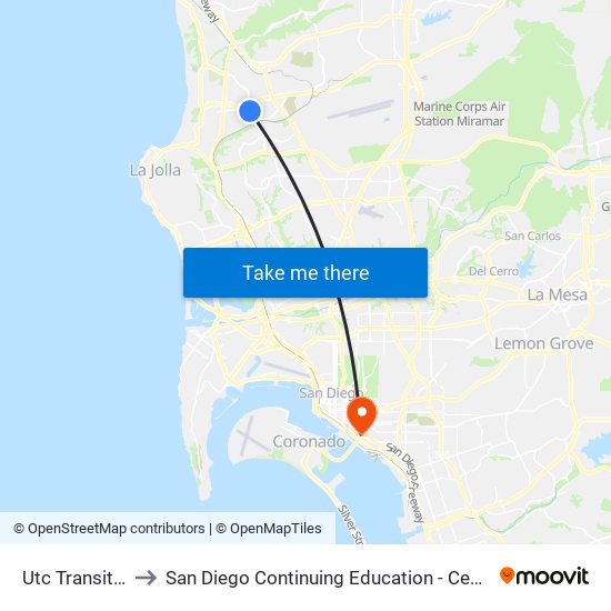 Utc Transit Center to San Diego Continuing Education - Cesar Chavez Campus map